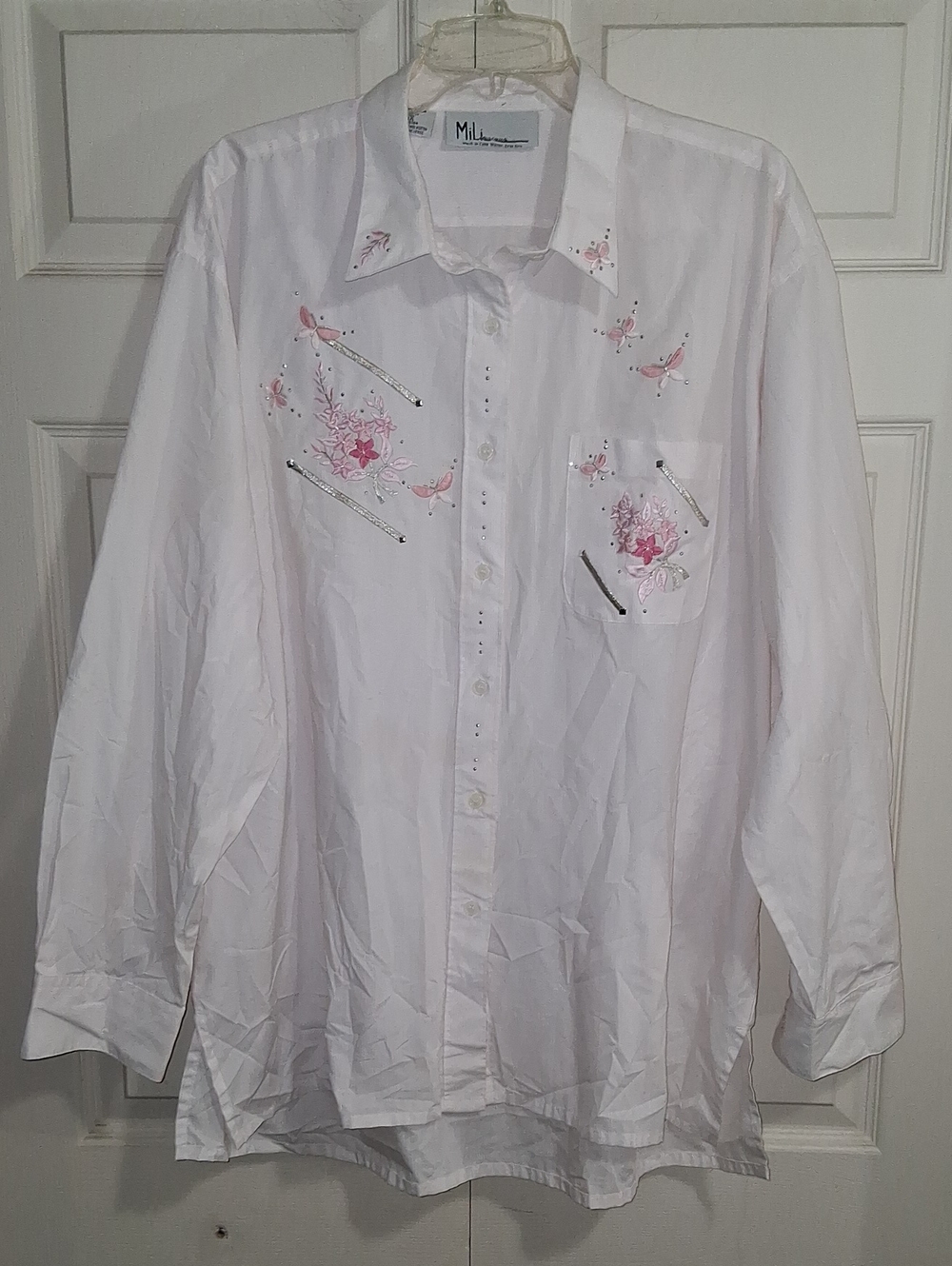 MiLi Designs Button-Down Shirt - Pink Floral Embroidery - White Pink Stripes- 1X